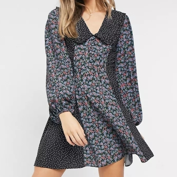 Asos Design Mixed Floral Button Front Skater Mini Dress 10 - Picture 1 of 9
